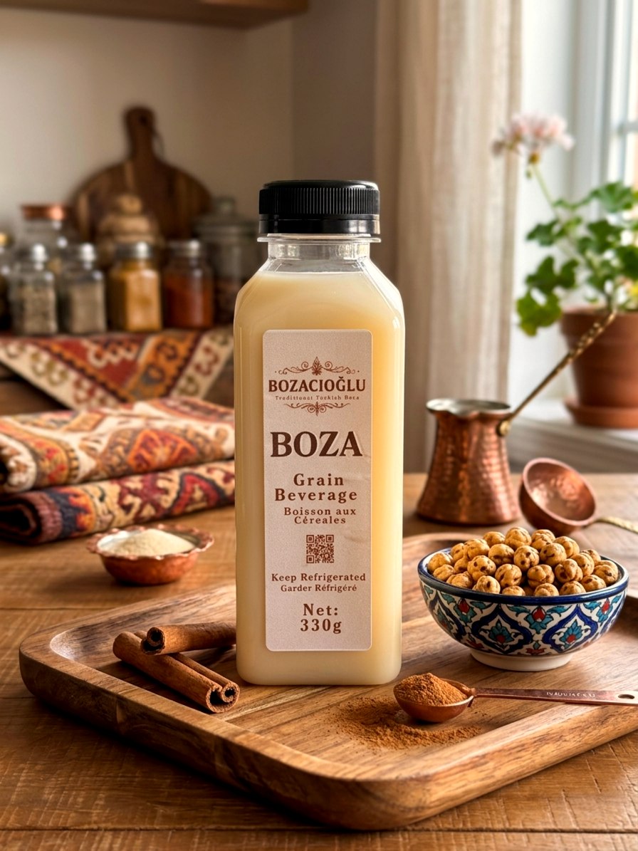 330g bottle of Bozacıoğlu boza on a wooden tray with cinnamon and roasted chickpeas