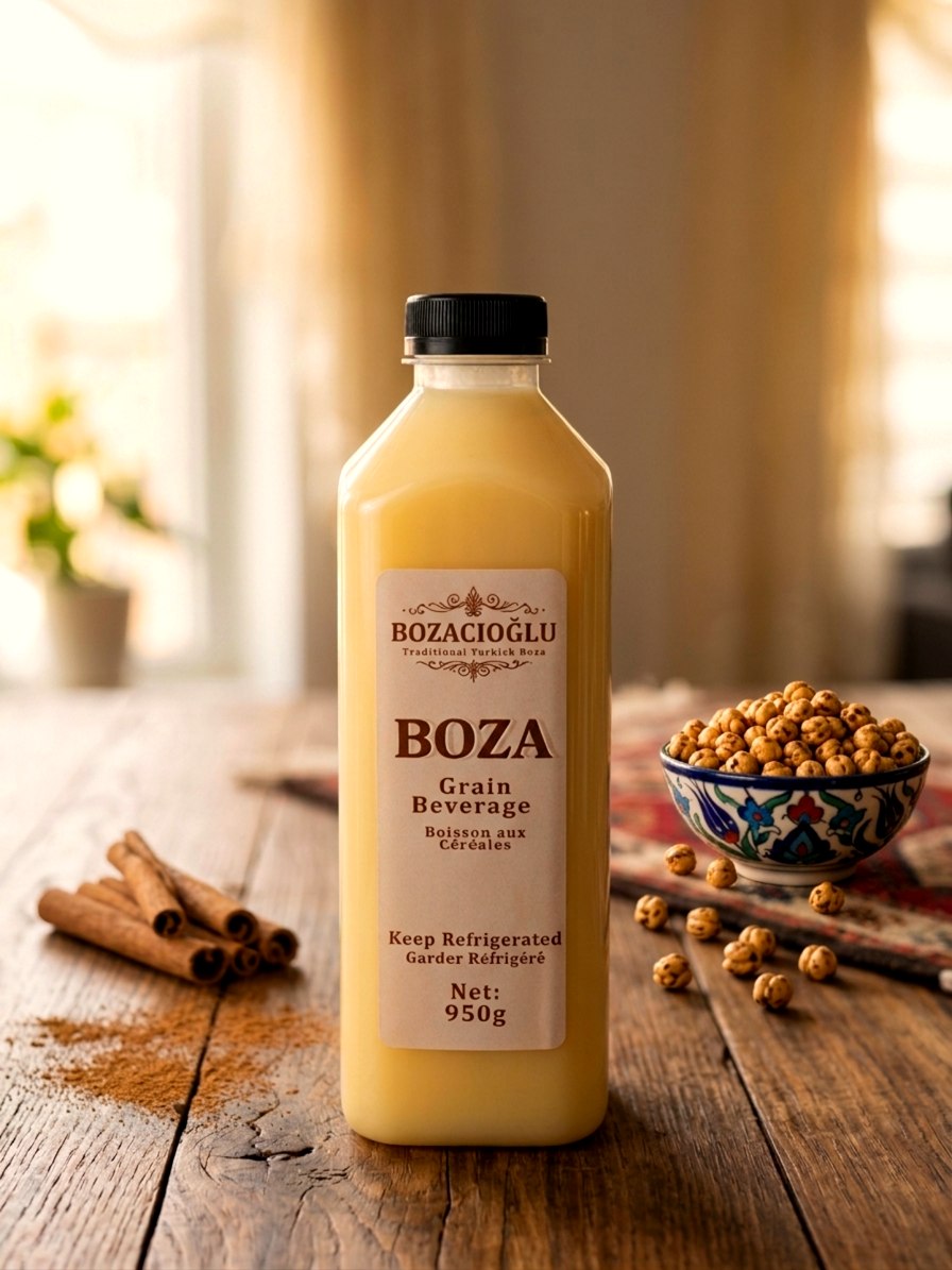 950g bottle of Bozacıoğlu boza on a wooden table with cinnamon sticks and chickpeas