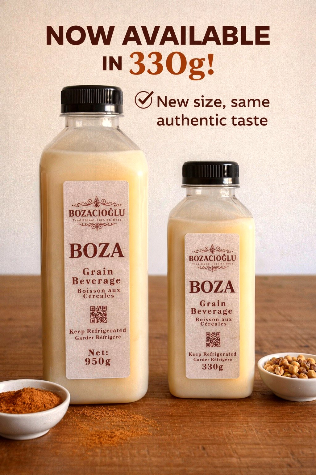 The 950g and 330g Bozacıoğlu boza bottles side by side