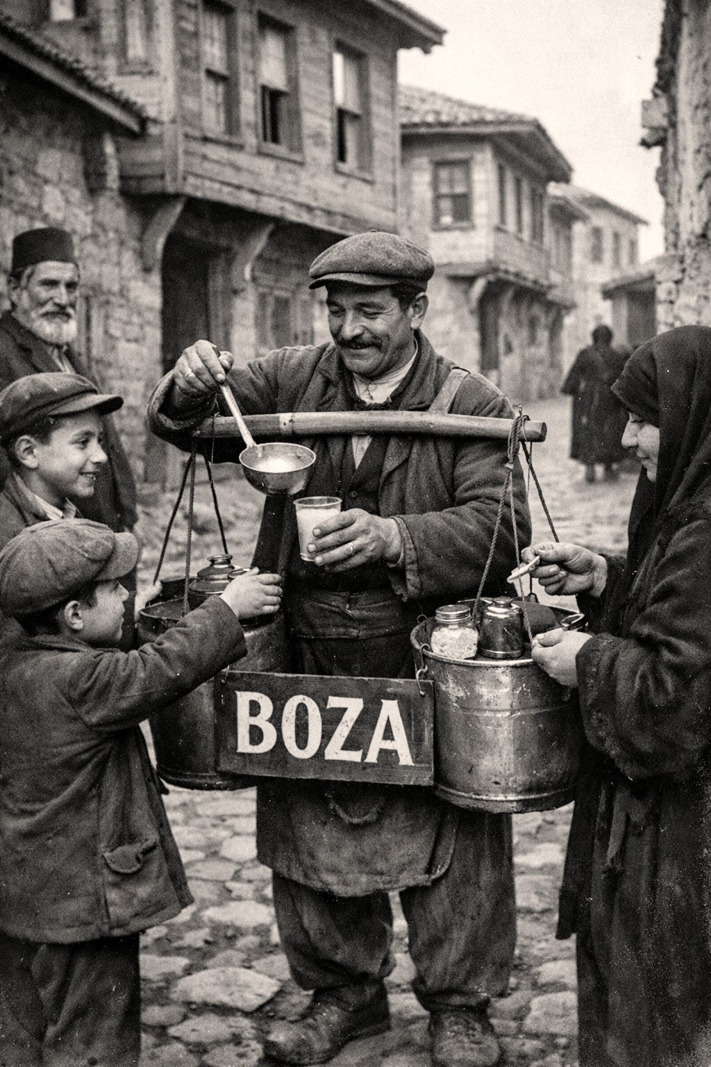 A street boza seller serving boza from a copper vessel in the Ottoman era