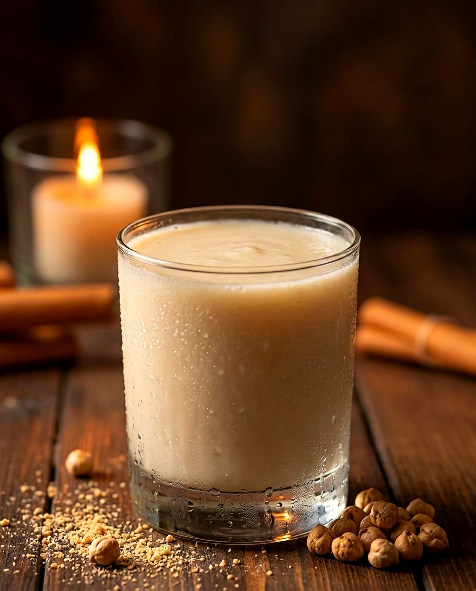 A tall glass of cold boza with condensation on the outside