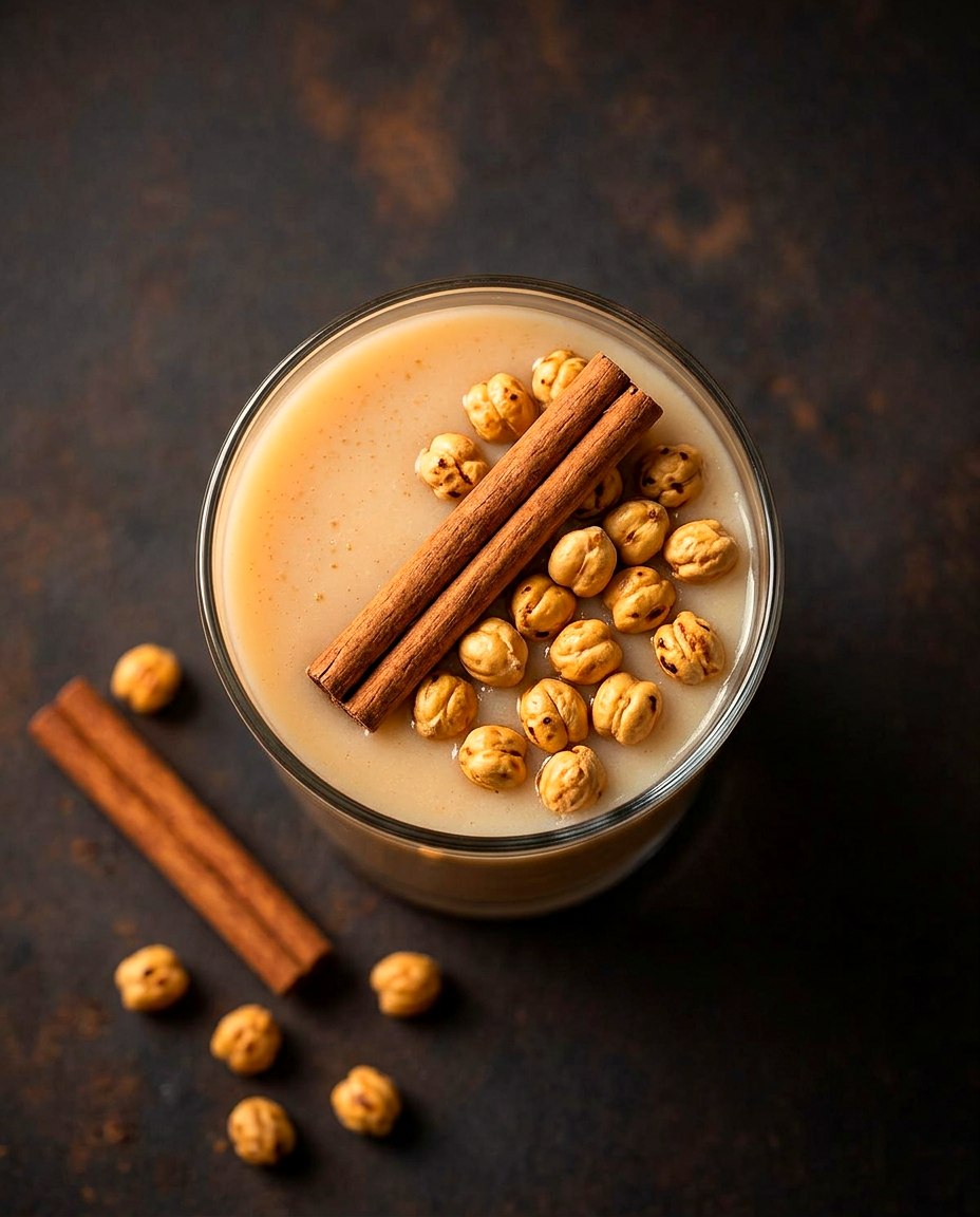 A glass of boza topped with roasted yellow chickpeas